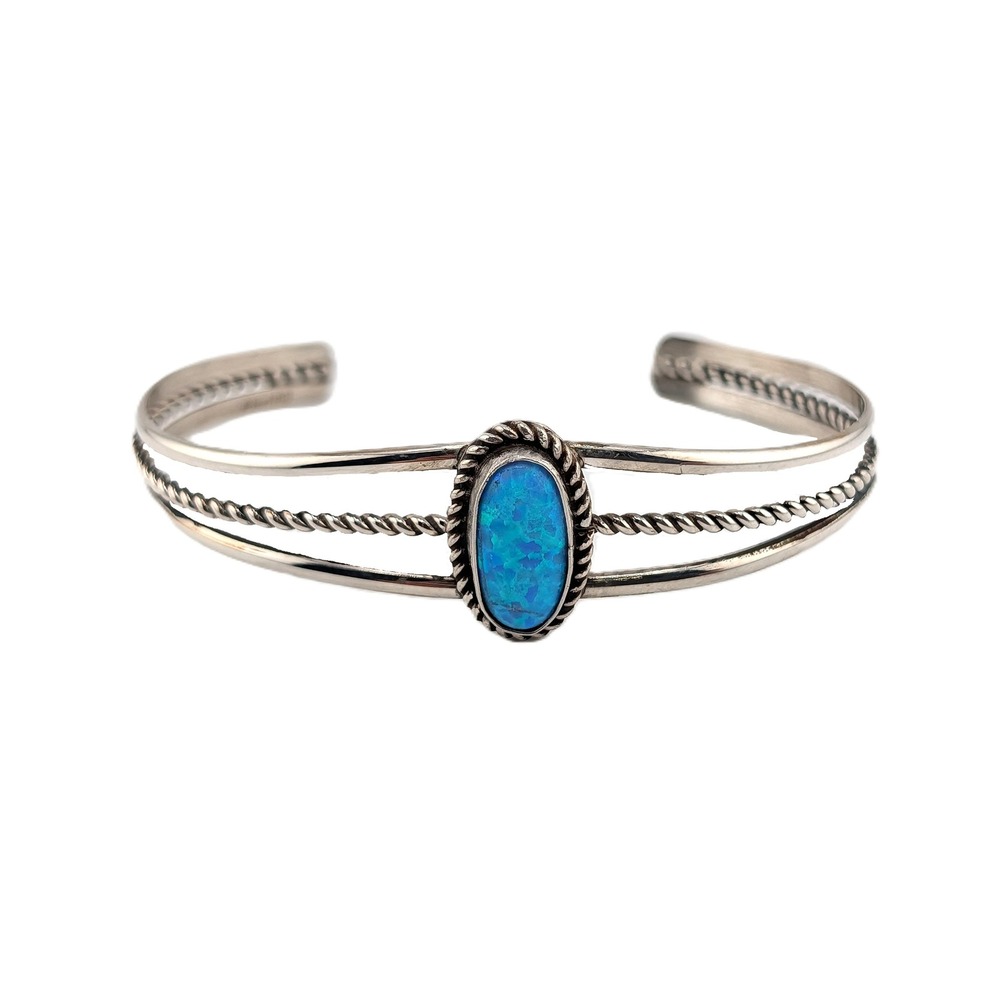 Navajo Sterling Silver Blue Opal Cuff Bracelet Sz 6.5 in**